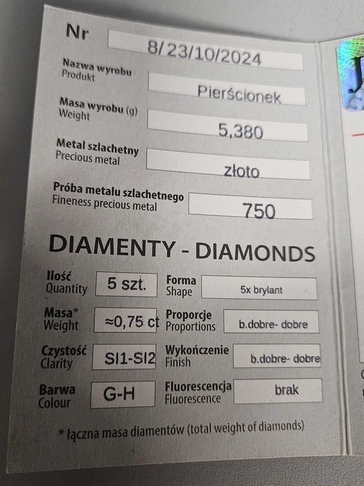 Złoty pierścionek p.750 z diamentami 0,75ct wycena -50% Skup Wrocław