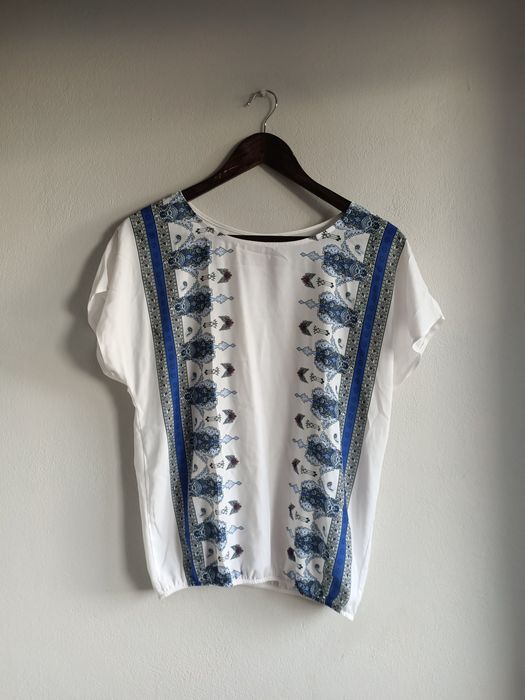 Bluzka z krótkim rękawem we wzory biała boho vintage