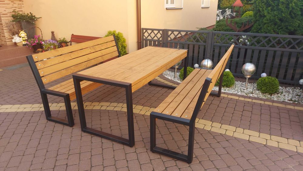 Meble ogrodowe nowoczesne LOFT stół 2 ławki drewniane metalowe profil