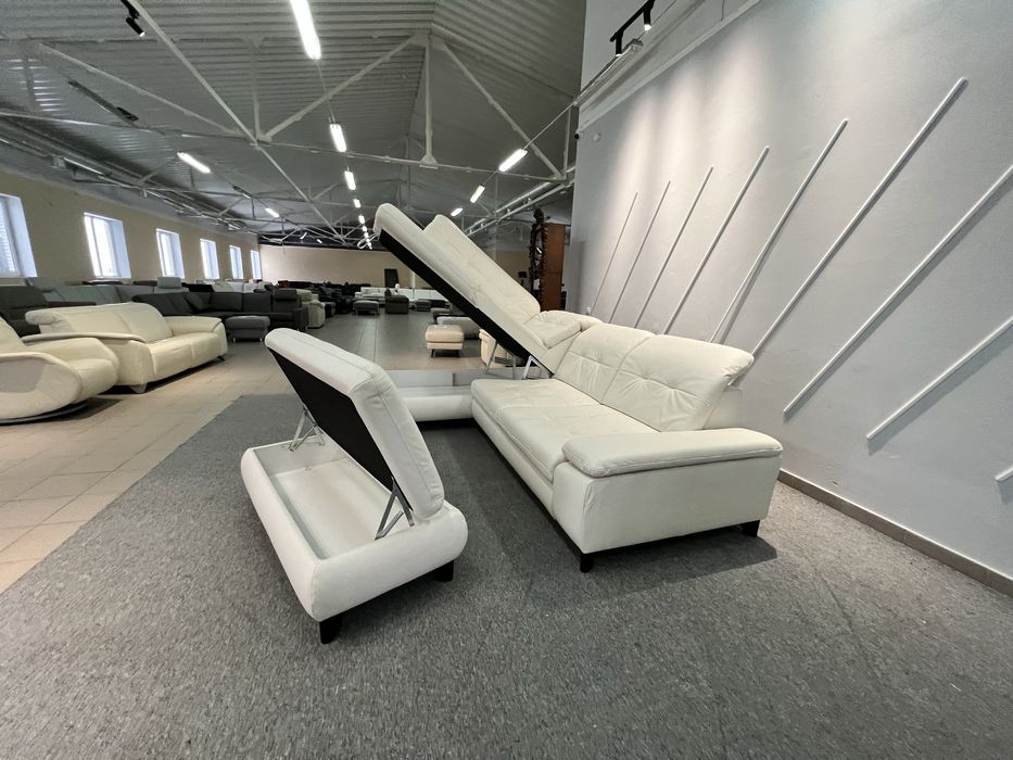 Диван розкладний пуфік з нішею  шкіряний білий кутовий