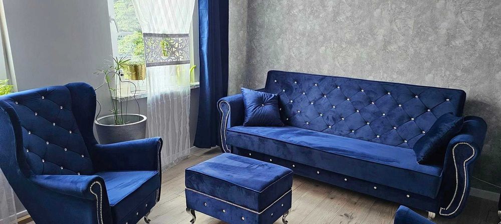 Komplet Sofa rozkładana ZESTAW komplet Glamour Fotele stół podnóżek pu