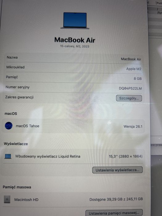 MacBook Air M2 15” 2023 8GB 256GB gwiezdna szarość