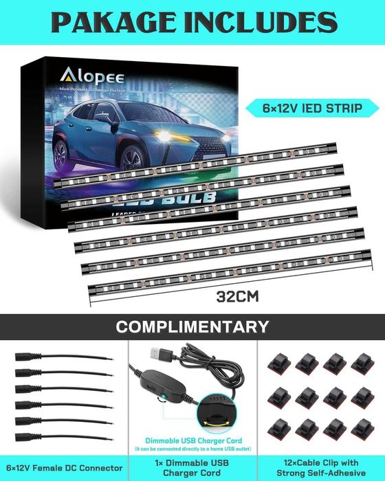 Alopee zestaw 6 x 32 cm niebieskich pasków LED. Diody 5050 SMD IP67.