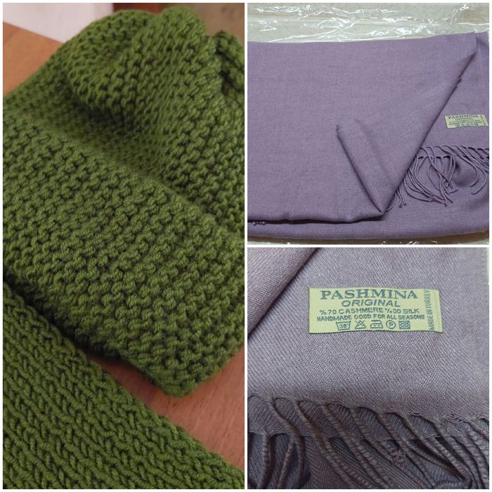 Шапка и шарфы . Палантин сиреневый цвета.