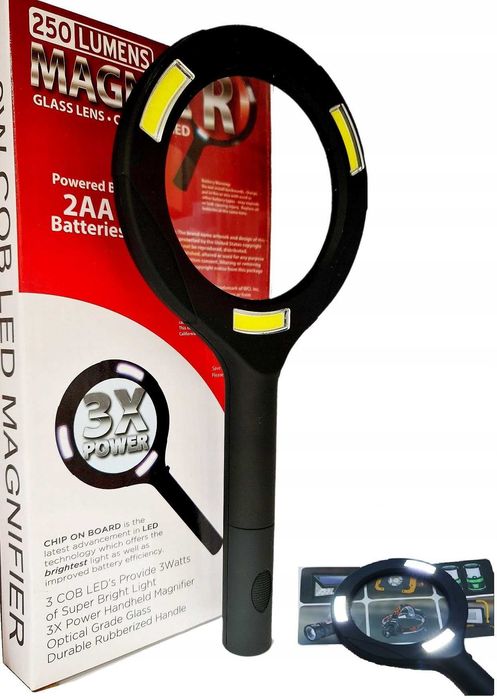 DUŻA LUPA PODŚWIETLANA 3 x LED   SZKŁO Powiększające 3x80 mm. 2 x AA
