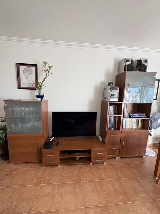 Conjunto de sala em madeira e vidro fosco