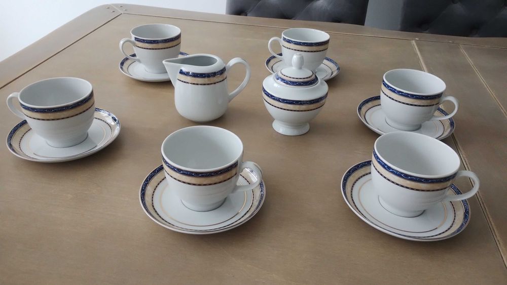 Zestaw serwis kawowy fabryka porcelany Książ szafirowo złoto beżowy