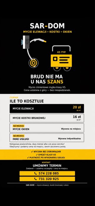 SAR-DOM – Mycie elewacji, kostki brukowej, okien i inne indywidualne usługi. Myjka klasy K5
