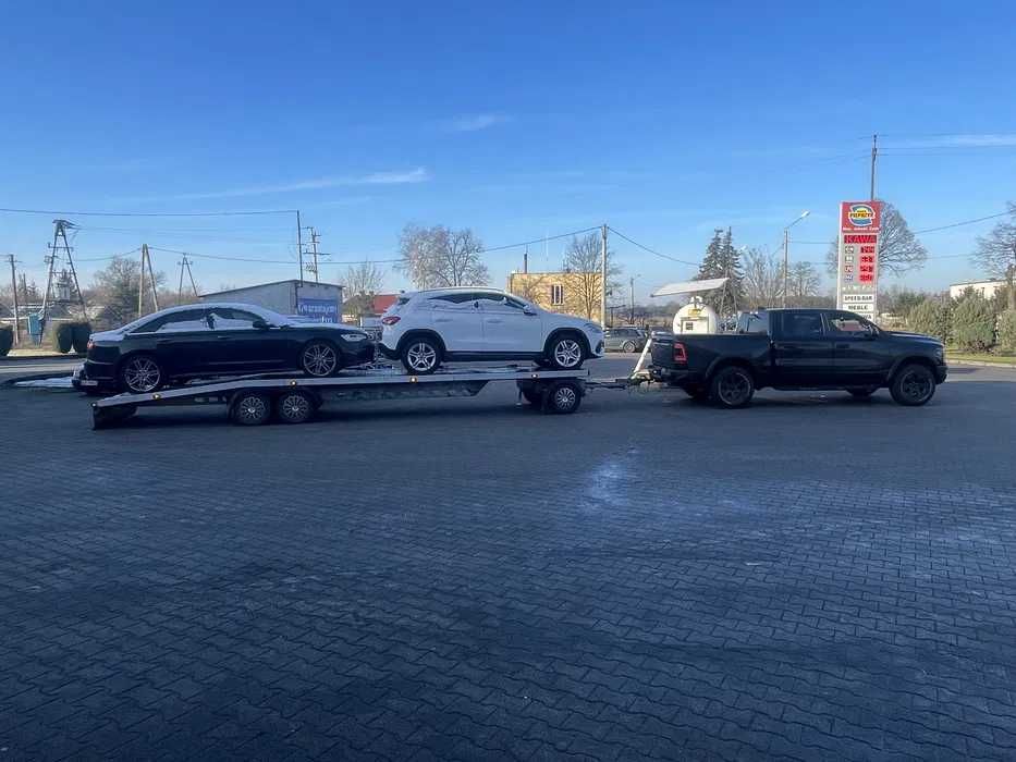 Wynajem przyczep Przyczepy   5 m pod busa 8,5 m dłużyca na 2 auta