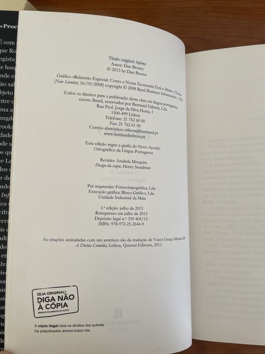 Livro “Inferno” de Dan Brown