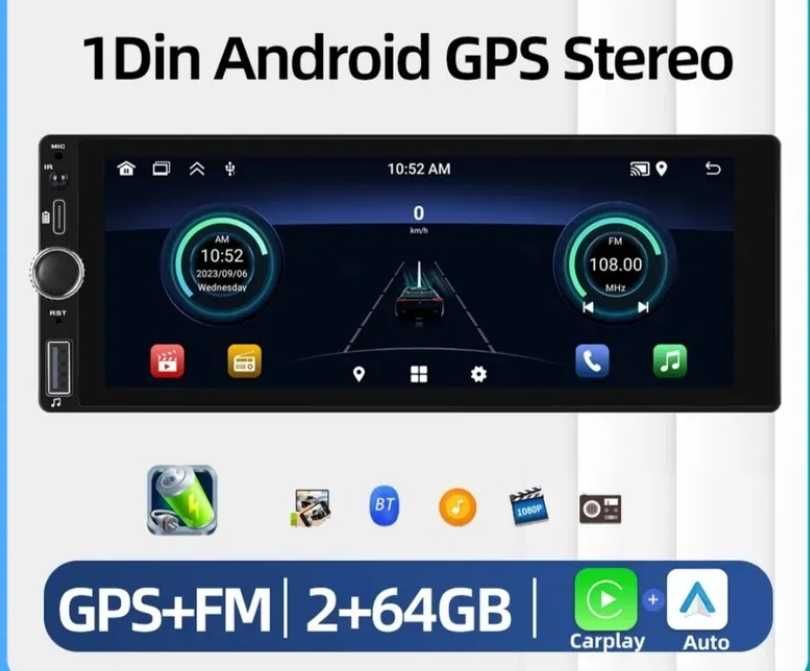 ANDROID магнітола 1 DIN, Carplay, AndroidAuto, GPS,   2+64 ГБ,  6,9 "