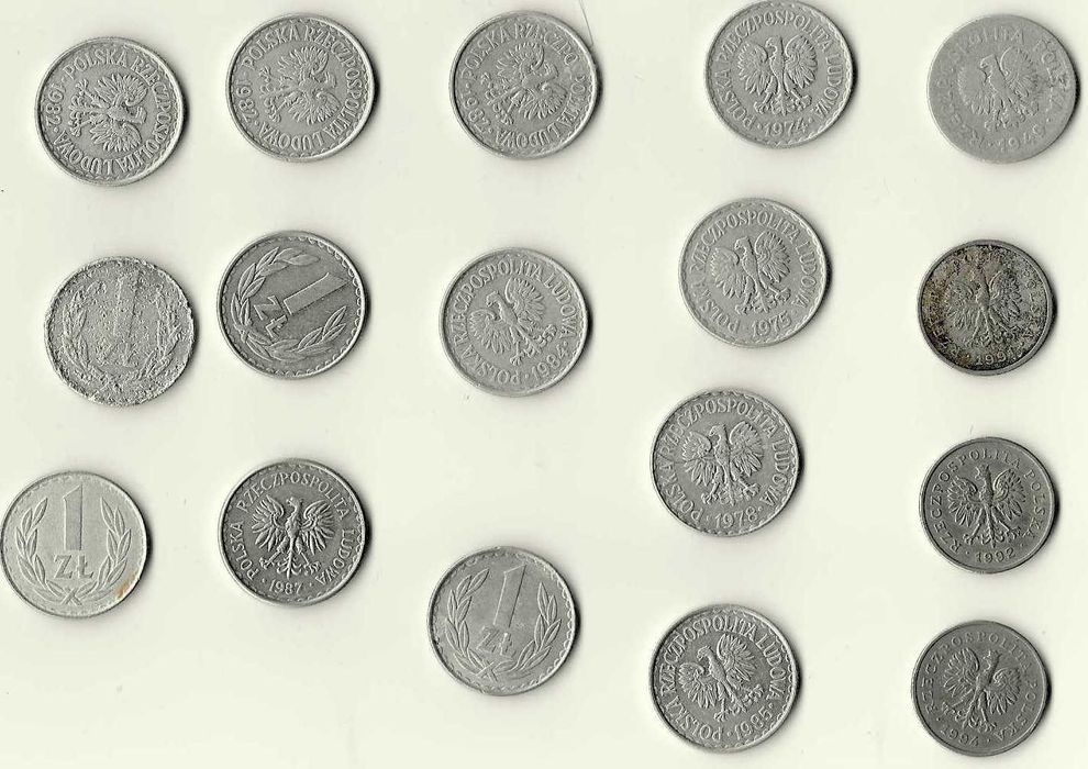 MONETY PRL - 1 ZŁ, z obiegu, 14 szt