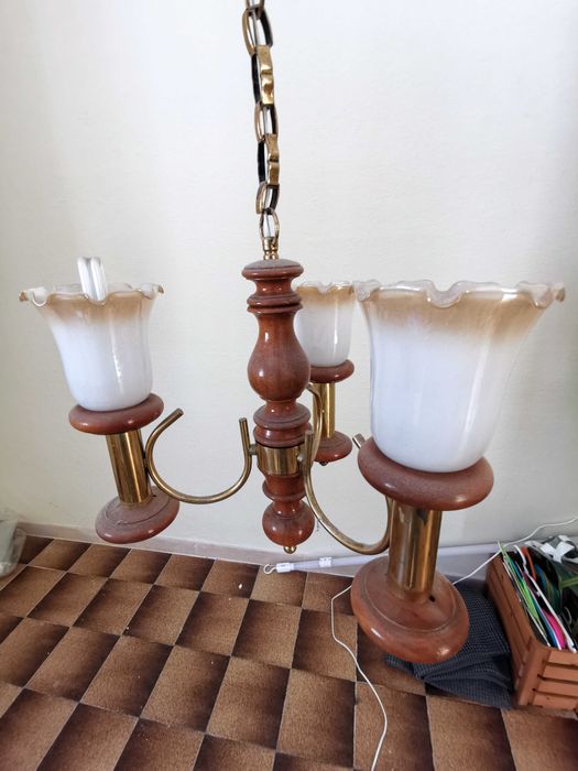 Conjunto de candeeiro de teto e 2 candeeiros de mesa de madeira vidro