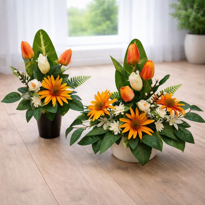 Stroik nagrobny na cmentarz,  wiosenny wielkanocny, kompozycja kwiatow