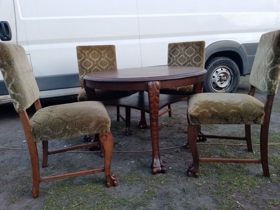 Piękny stół na lwich lapach +4 krzesła antyk