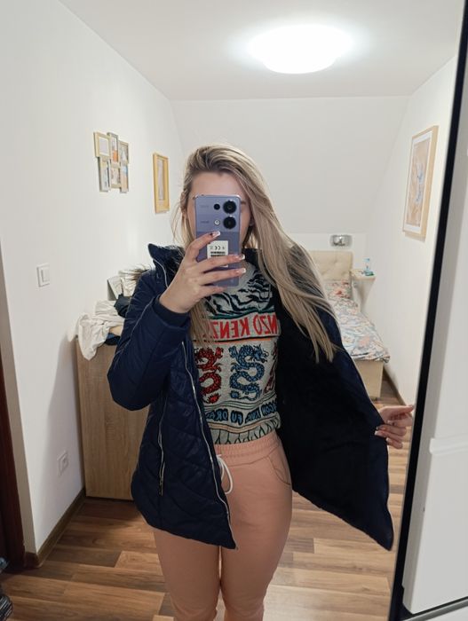 Kurtka z futrem z kapturem ciepła gruba zimowa s m granatowa