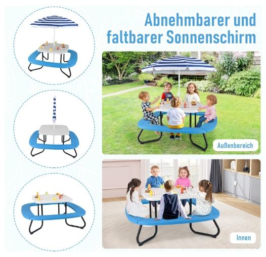 Zestaw Piknikowy Dla Dzieci 8 Osób Stół + Parasol + 4 Ławki HDPE