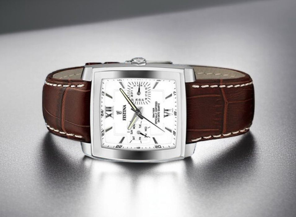 Pasek do zegarka Festina 22 mm brązowy biała nitka zapięcie motylkowe