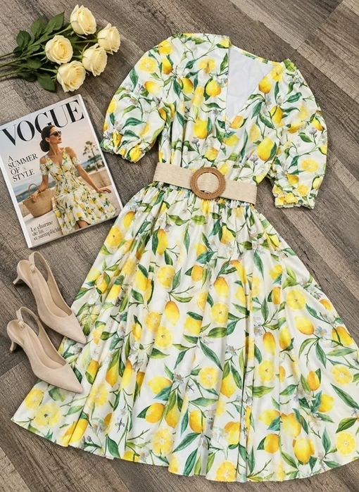 Sukienka Cytryny Lemon Perłowe Guziki Rozkloszowana Elegancka Romantyczna Boho Cottagecore Retro L XL