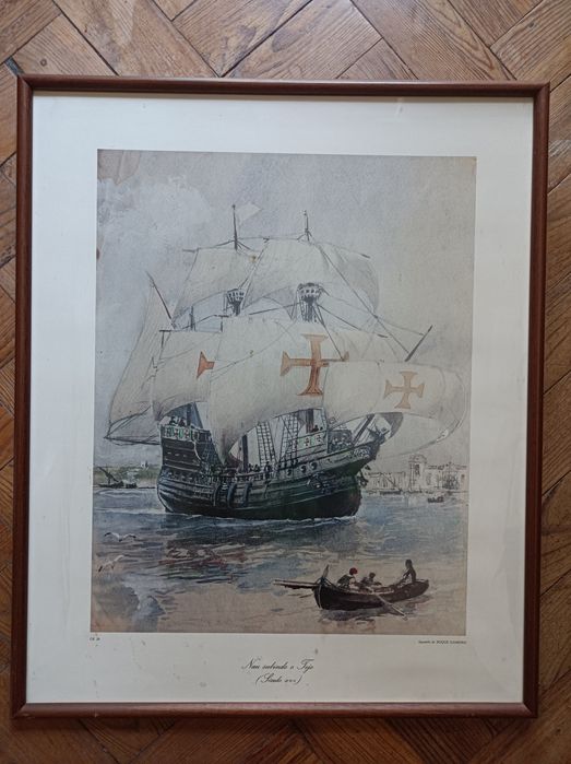 Moldura e vidro com reprodução de "Naus subindo o Tejo", Aguarela de R