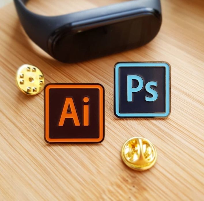 Значок Ai Ps Shutterstock. Металлический значок для художников. Пин