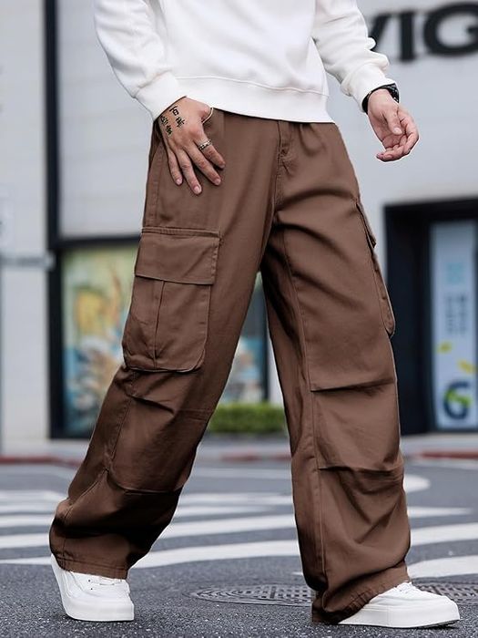 Męskie spodnie cargo baggy - szerokie nogawki - brązowe XL