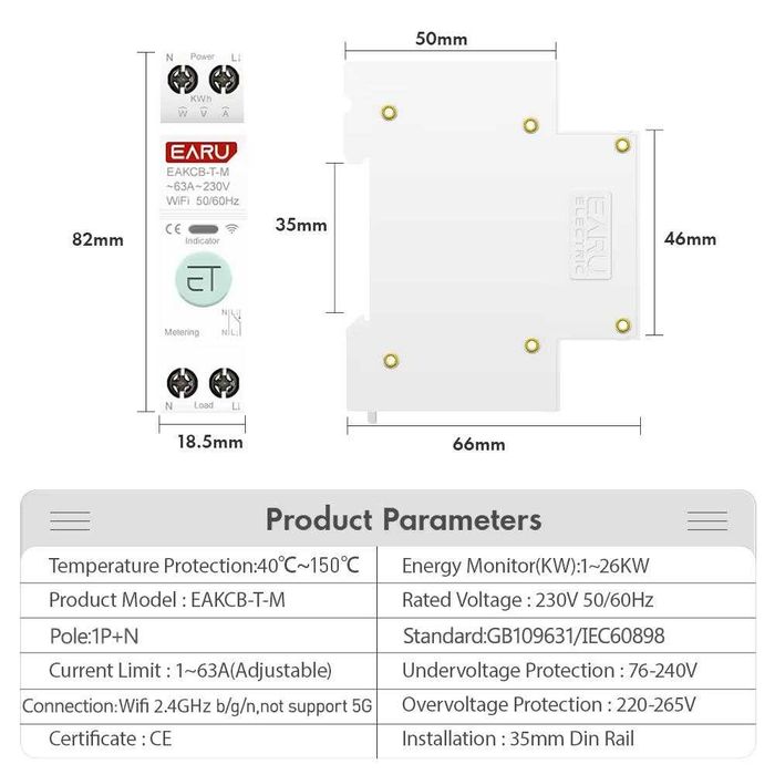 WiFi автомат смарт вимикач EARU EAKCB-T-M, смарт реле EARU EAMPDW-TY-63 з дифавтоматом