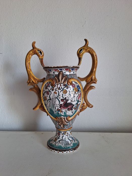 Vaso Ânfora Barro Pintado Venda Nova Soure 35cm Alças Cisne Pintado à Mão