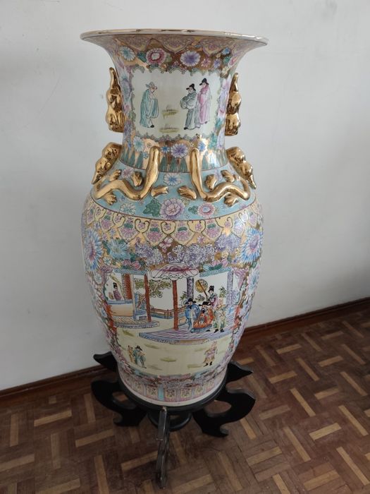 Jarrão decorativo pintado à mão com suporte
