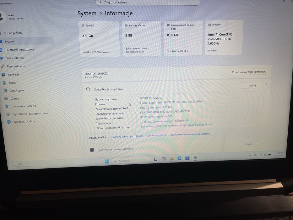 Laptop Acer Aspire A515 8GB 512SSD i5 8gen 15.6 Geforce MX940