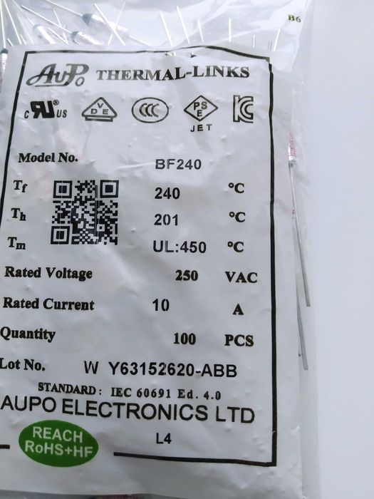 Термопредохранитель отключение TF 240 градусов 250 В 10A BF240 AUPO