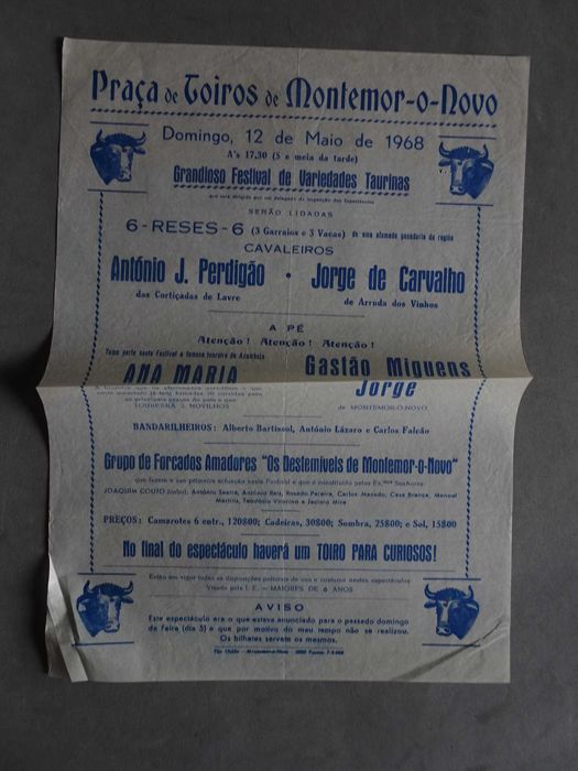 Programa de tourada Bullfight Montemor-o-Novo 1968