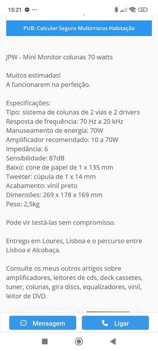 Colunas monitor JPW 70watts