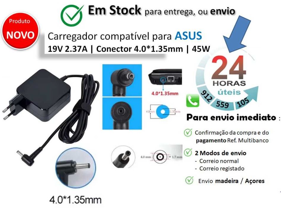 Transformador compatível para ASUS  19V. 2.37A 45w |   4.0mm*1.35mm