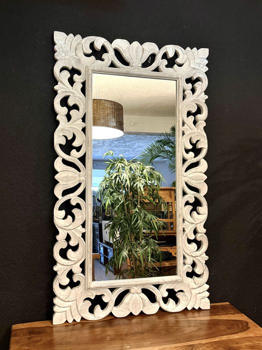 espelho, oriental, teca, indonésia, madeira, sala, decoração, rustico