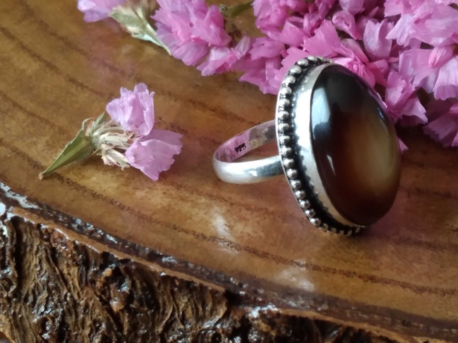 (NOVO, PORTES GRÁTIS) Anel Indiano de Prata 925 e Ágata Feito à Mão