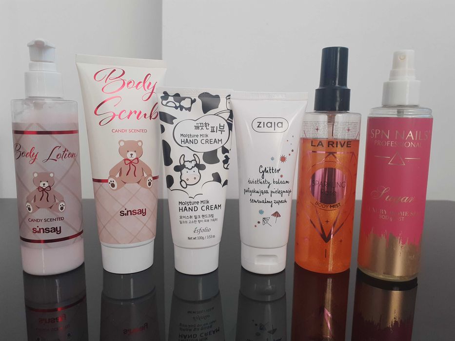 zestaw kosmetyków używanych sinsay balsam peeling Esfolio krem do rąk ziaja balsam la rive mgiełka