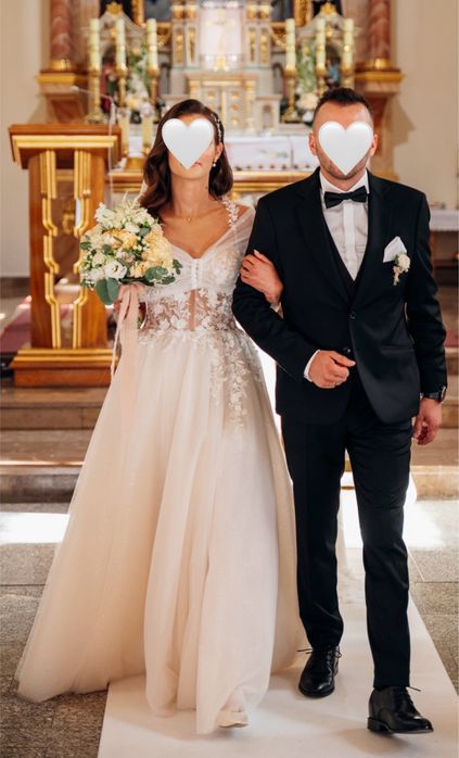Suknia ślubna gorset madonna s kwiaty 3D ivlory beige biel