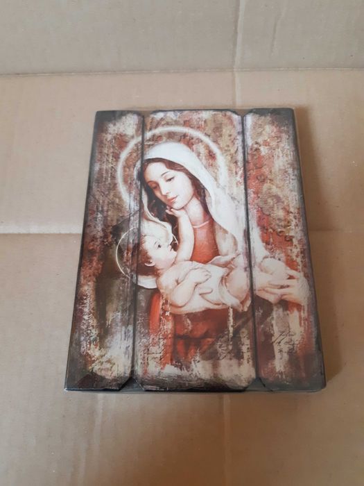 Obraz z wizerunkiem Matki Bożej patrzącej na Jezuska - na desce