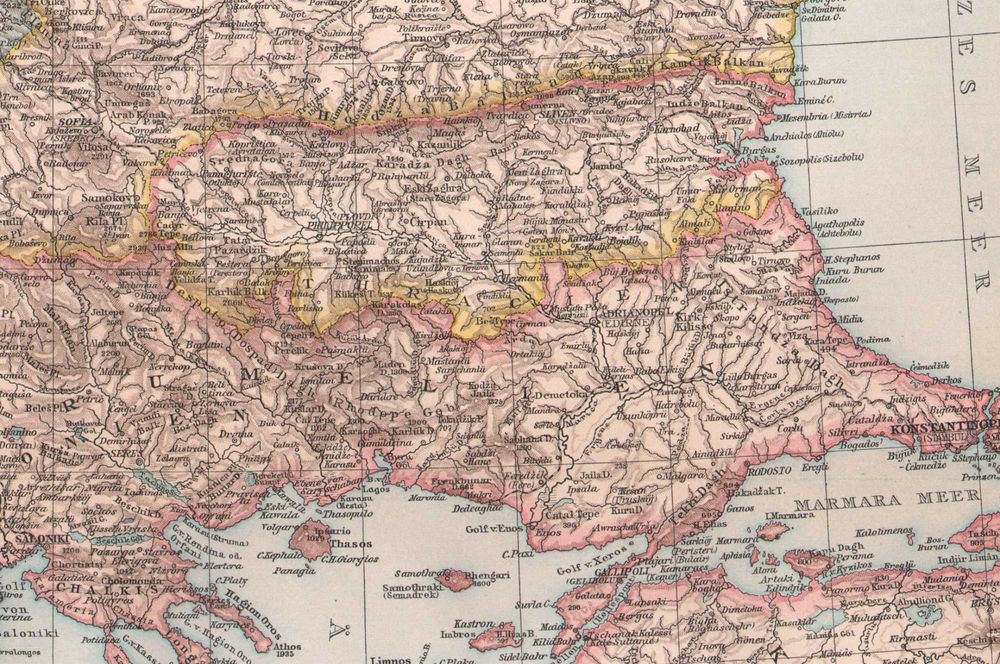 Bałkany. Stara efektowna mapa Lipsk 1893 r. oryginał
