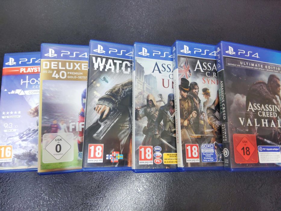 Zestaw 6 gier PS4 horizon, fifa, watch dogs, 3x assassin