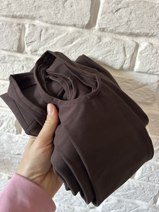 Шоколадні коричневі лосини зі штріпками на флісі 42 - 48