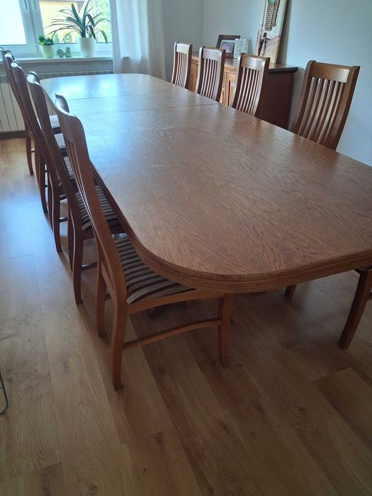 Stół drewniany rozkładany 2,5m/3,5m + 10 krzeseł