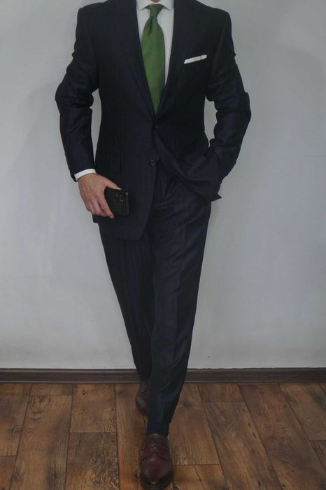 Garnitur Versace Collection 52/XL Granatowy Głęboki Prążki Wełna Jedwab Elegancki Premium