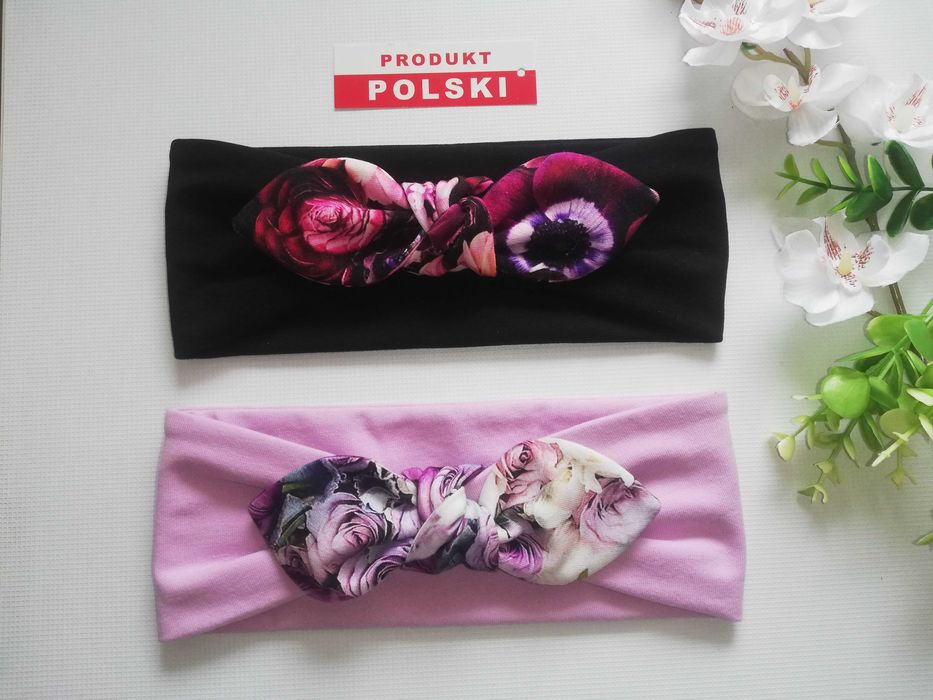 Komplet - hand made - szeroka opaska z kokardką + chusta z pomponami