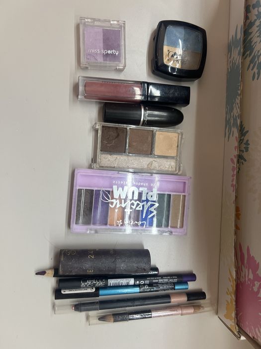 Zestaw kosmetyków cienie do powiek kredki szminki kolorówka używane