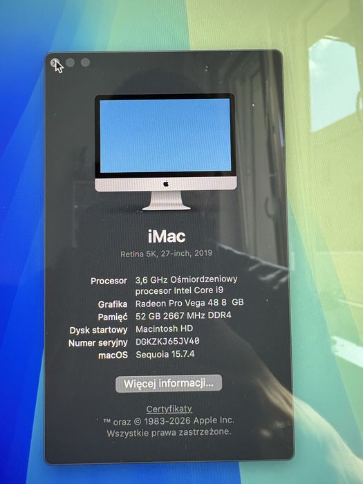 iMac 27” i9 9900K 8GB 54GB RAM