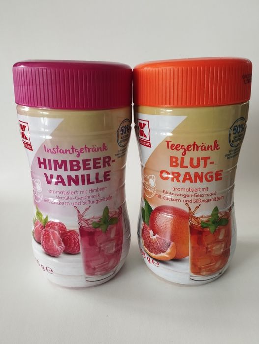 Zestaw dwóch herbat rozpuszczalnych malina-wanilia i czerwona orange