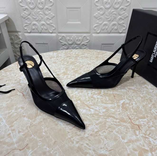 Ekskluzywne Czarne Szpilki Slingback YSL Siateczka Mesh 34-43