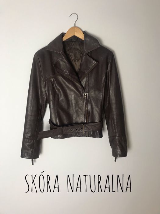 Jesienna brązowa kurtka ze skóry naturalnej z paskiem